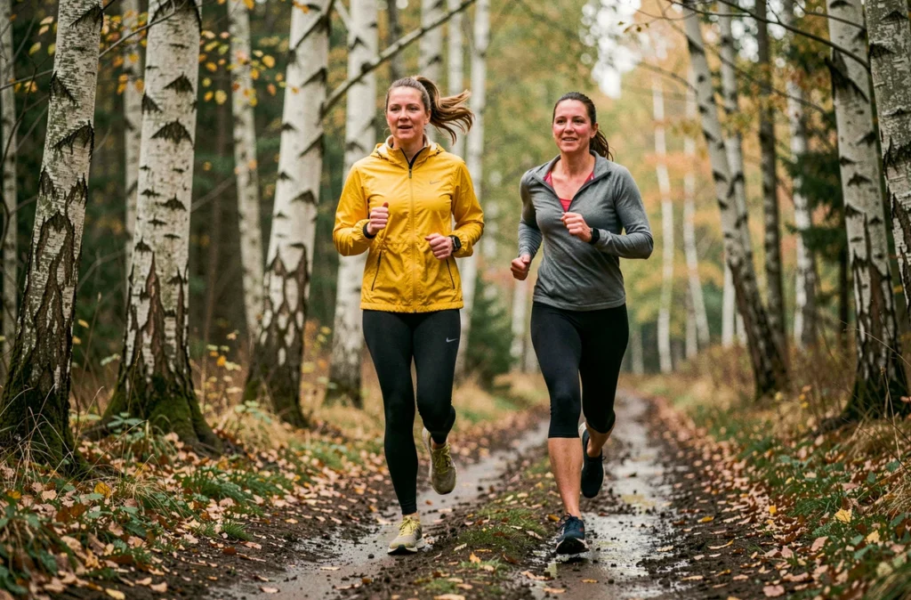 Coach running courant aux côtés d'une cliente sur un sentier forestier à La Mézière