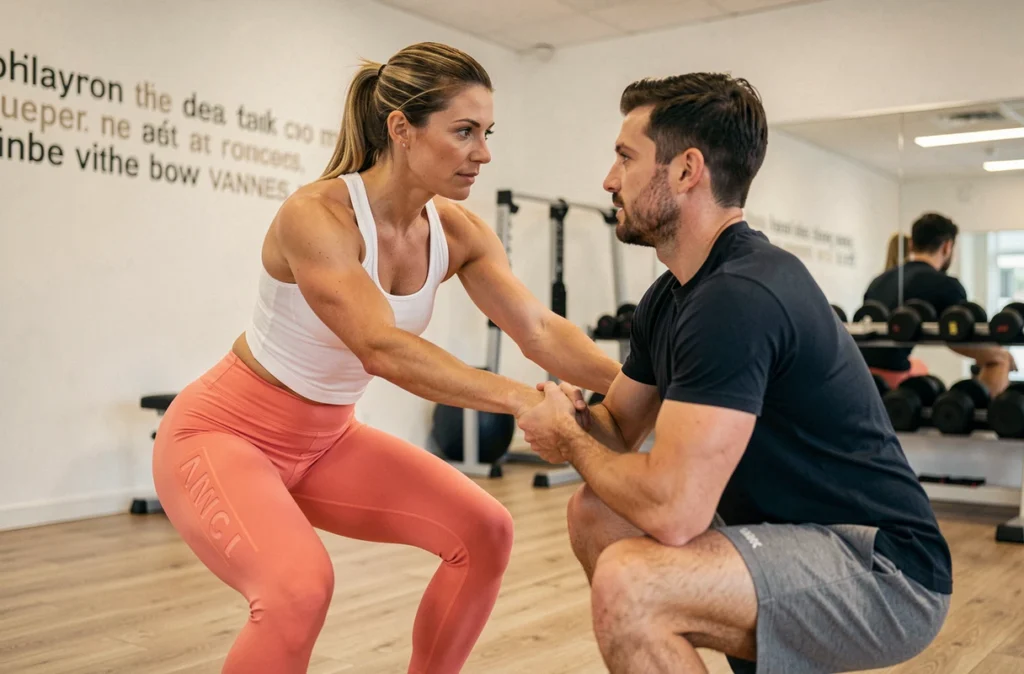 Coach sportive de Coach'fit Vannes guidant un client lors d'un exercice de squat en salle