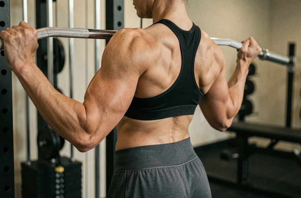 Gros plan du dos tonique d'une femme après une série de tirage poulie, définition musculaire naturelle visible en salle de sport