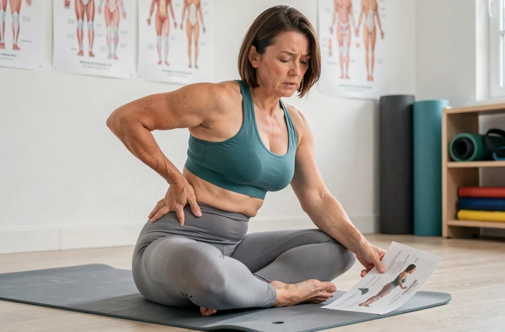 Femme en salle de kinésithérapie consultant un programme d'exercices pour soulager les douleurs lombaires liées aux squats