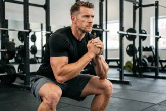 Athlète masculin effectuant un goblet squat avec une posture correcte dans une salle de sport moderne, illustrant la technique pour prévenir les douleurs lombaires