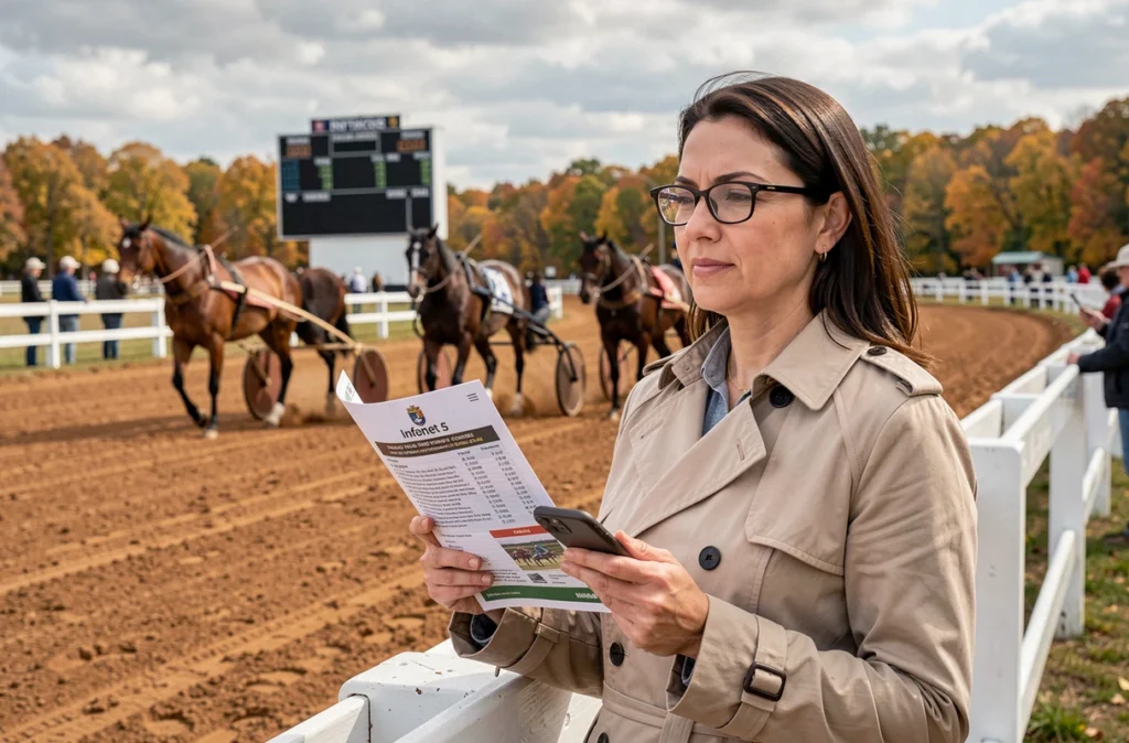 Handicapeuse au bord de la piste consultant Infonet 5 sur smartphone lors d'un meeting de trot en extérieur