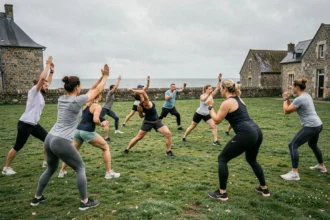 Groupe d'adultes en tenue de sport s'entraînant avec un coach en plein air en Ille-et-Vilaine