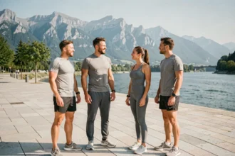 Groupe de sportifs avec un coach en Isère, avec les montagnes du Vercors en arrière-plan