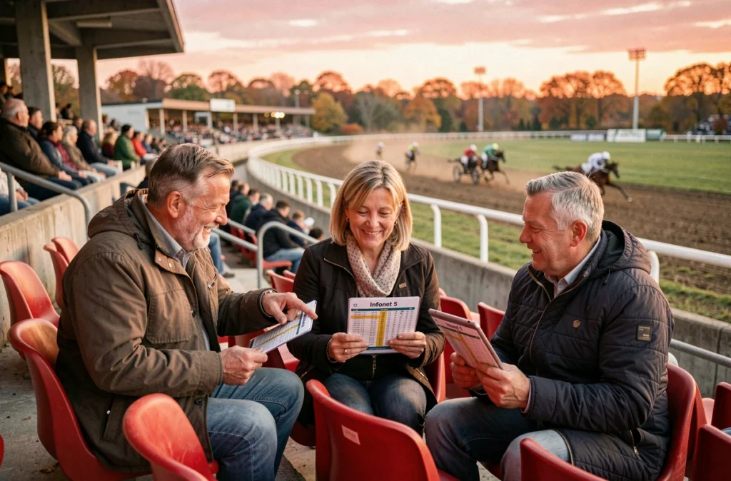 Trio de passionnés de trot dans les tribunes consultant les données Infonet 5 pendant un meeting en direct