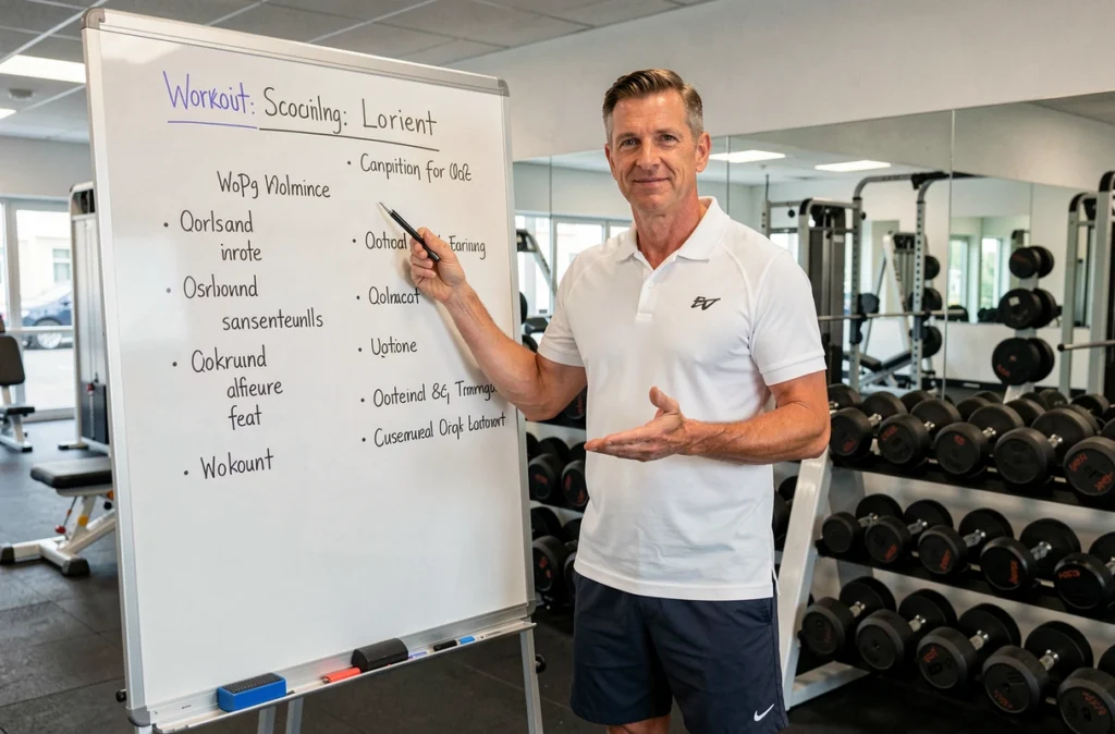 Coach Superprof à Lorient présentant un programme d'entraînement personnalisé sur tableau blanc