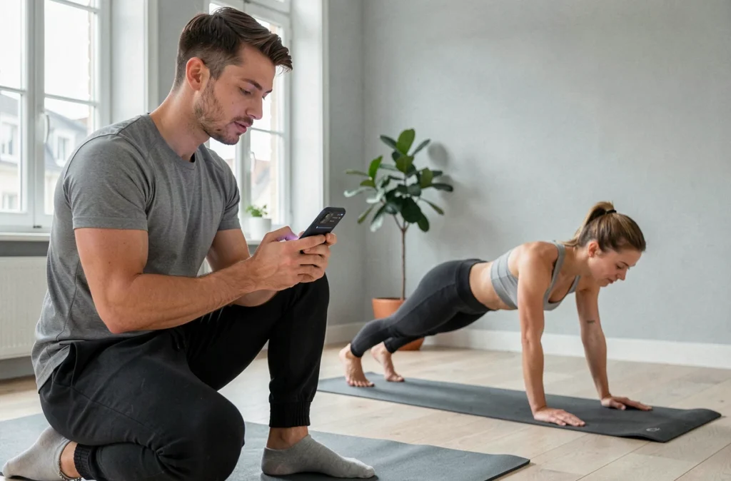 Coach TrainMe Vannes utilisant une application mobile pour suivre l'entraînement d'une cliente