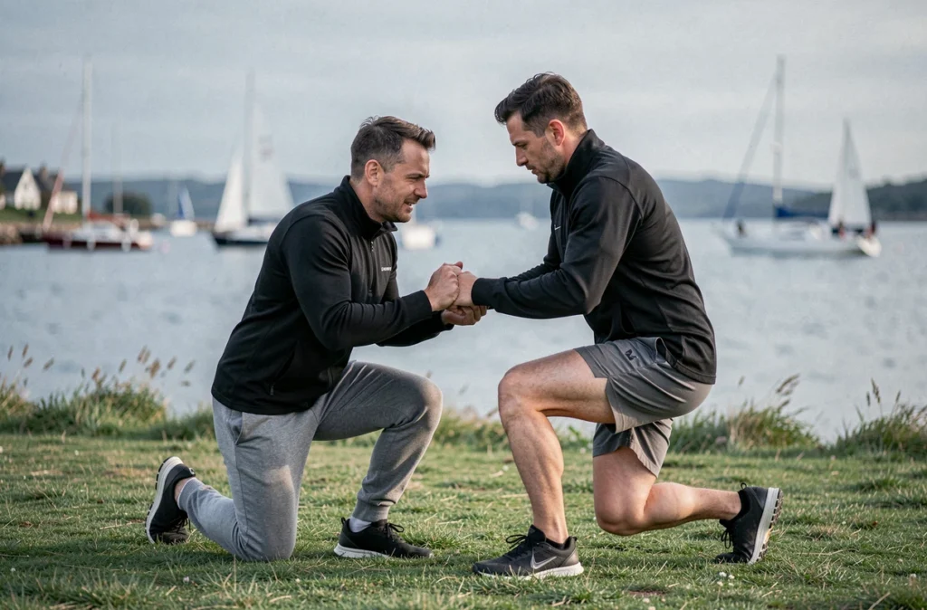 Vincent Verger coach sportif à Vannes corrigeant la posture d'un client au bord du golfe du Morbihan