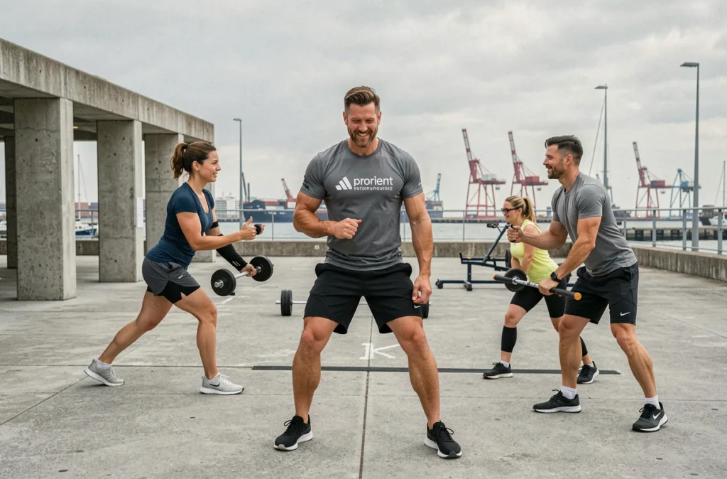 Coach Wooskill Lorient animant un circuit fonctionnel en plein air avec un groupe de clients