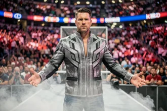 Catcheur professionnel charismatique à l'entrée du ring dans une grande arène WWE en 2026, ambiance spectaculaire et dramatique