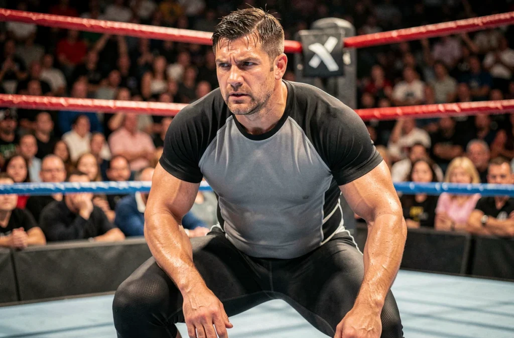 Catcheur WWE en position de combat dans le ring lors d'une rivalité intense en 2026, prise de vue dynamique en angle bas